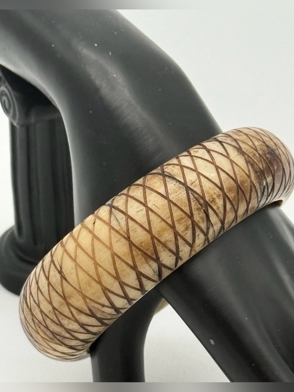 Vintage Carved Bone Bangle Bracelet India Crosshatch Diamond Boho 2 3/4" Large